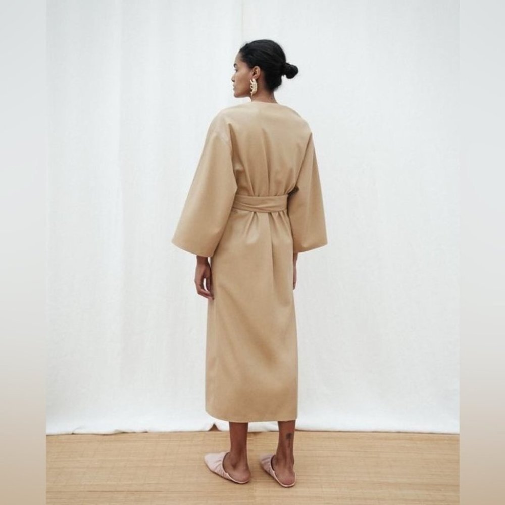 Nanushka Iben Vegan Leather Kimono Dress Pale Caramel L - Picture 2 of 11